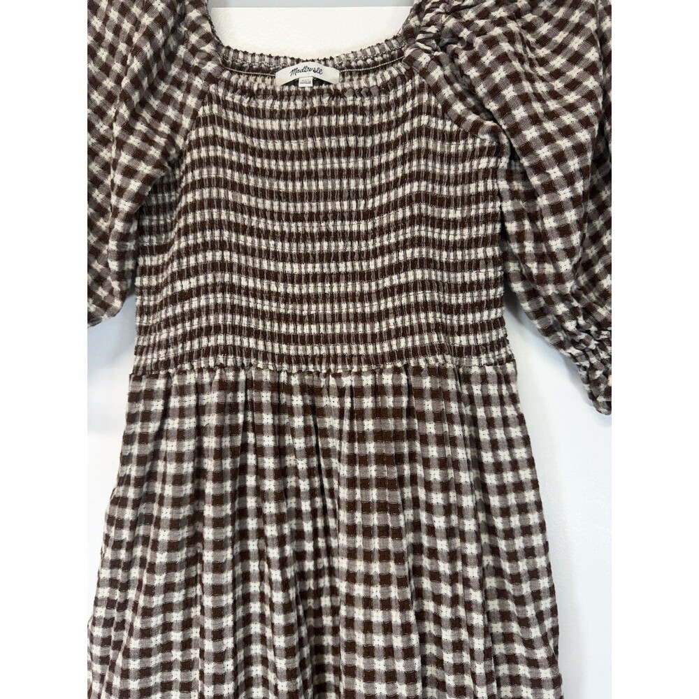 Madewell Lucie Smocked Gingham Midi Dress Brown White Puff Sleeve Cotton Sz XXS - Picture 10 of 16